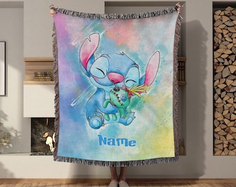 Customized Name Stitch Woven Blanket, Stitch Tapestry Woven, Disney Lilo And Stitch Blanket, Baby Shower Gift, Gift For Baby