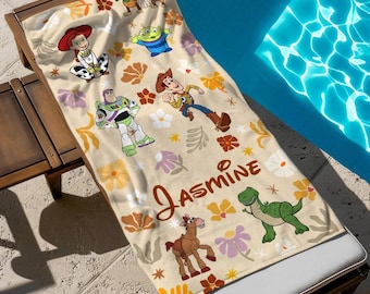 Floral Toy Story Characters Beach Towel, Custom Name Disney Towel, Pool Towel, Disneyland Gift For Kid, Kids Beach Towel