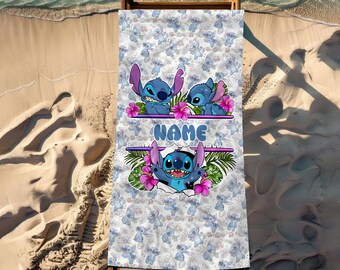 Custom Name Stitch Hawaiian Beach Towel, Disney Bath Towel, Pool Towel, Disneyland Gift For Kid, Kids Beach Towel, Summer Beach Gift