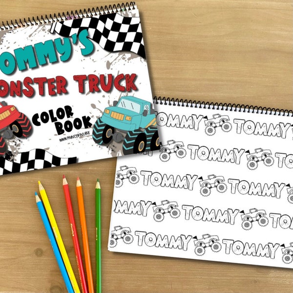 Personalized Monster Truck Color Book, Boys & Girls gift for Christmas/stocking stuffer, Travel activities