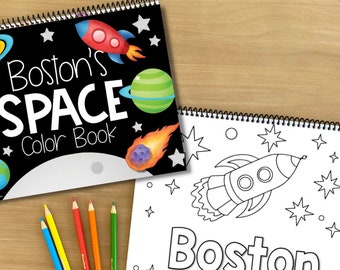 Personalized Space Color Book, Young Kids Holiday and Birthday gift, Cute color pages with astronauts, rocket ships & Martians.