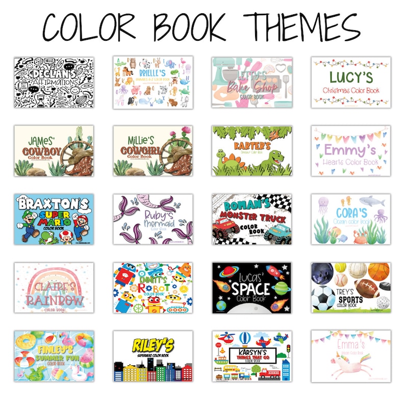 May include: A collection of children's color books with various themes, including cowboys, mermaids, space, and sports. Each book cover features a unique design and title, such as "Declan's Affirmations" and "Braxton's Super Mario."