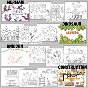 May include: A collection of children's coloring books with various themes. Titles include "Mermaid," "Dinosaur," "Unicorn," and "Construction." Each book features a name, such as "Ruby," "Karter," "Emma," or "Boston," and illustrations related to the theme.