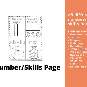 Number and skill pages. This page has the number 1 a section to trace the number 1 a section to trace a circle and a section to color a ladybug red. Words to the side say 26 different number and skills pages. Skills include number colors shapes