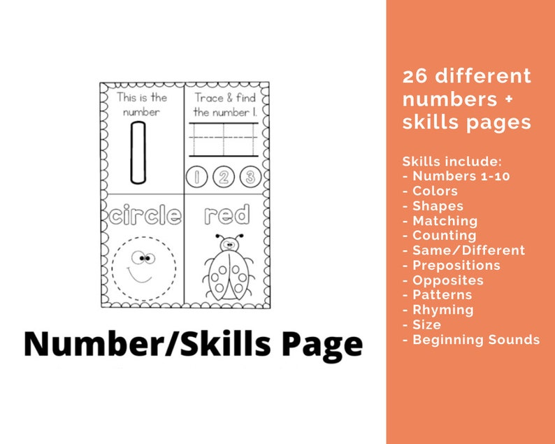 Number and skill pages. This page has the number 1 a section to trace the number 1 a section to trace a circle and a section to color a ladybug red. Words to the side say 26 different number and skills pages. Skills include number colors shapes