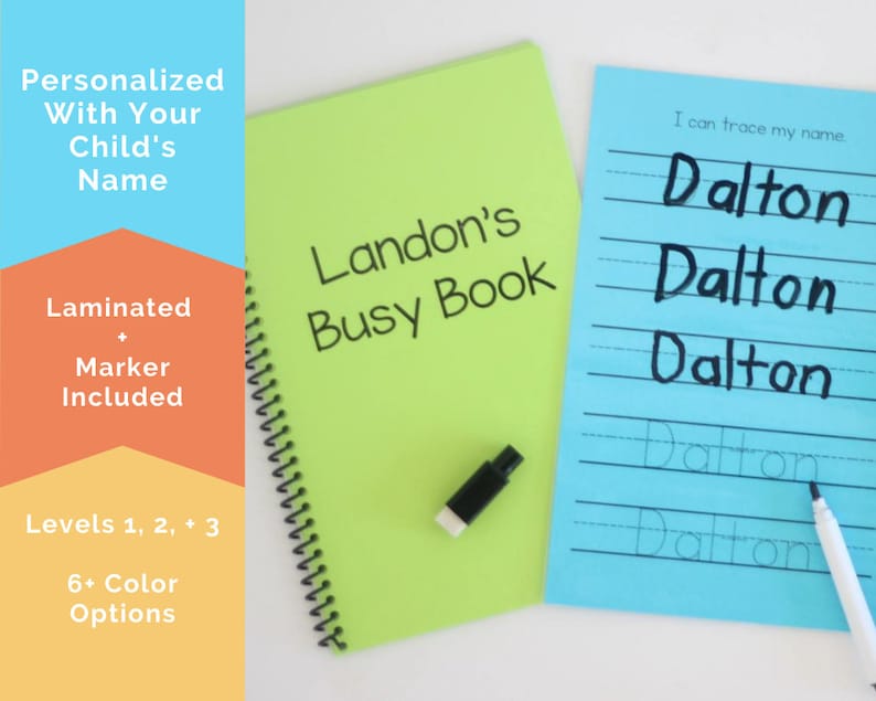 Laminated dry erase book for preschool through kindergarten age children. This image shows two different book color options of blue and green. The books are personalized with the childs name and has a spot for children to practice writing their name