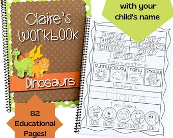 Personalized Preschool Workbook Dinosaur Theme - Toddler Morning Homeschool Workbook with Preschool Worksheets and Preschool Curriculum