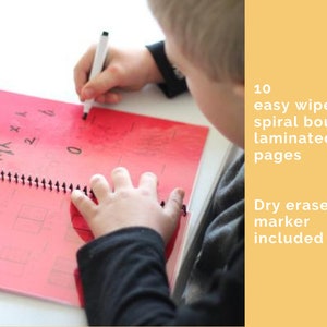 Image says 10 easy to wipe spiral bound laminated page. Dry erase marker included. There is also an image of the boy using the workbook and practicing math.