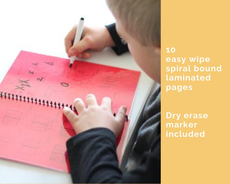 Image says 10 easy to wipe spiral bound laminated page. Dry erase marker included. There is also an image of the boy using the workbook and practicing math.