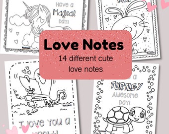 Leuke digitale Valentijnsliefdesbriefjes voor kinderen - Knip- en kleurafdrukbare lunchnotities voor kinderen - Valentijnsbriefjes voor meisje en jongen - Instant