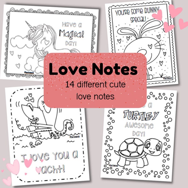 Cute Digital Valentine Love Notes for Kids - Cut and Color Printable Children's Lunch Notes - Girl and Boy Valentine Notes - Instant