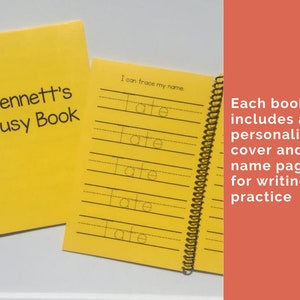 The image says each book includes a personalized cover and name page for writing practice.