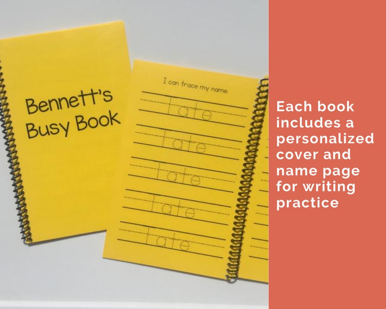 The image says each book includes a personalized cover and name page for writing practice.