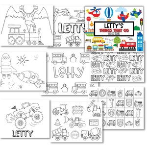 May include: Black and white coloring pages featuring various vehicles, including a train, a rocket, a school bus, a fire truck, a monster truck, and an airplane. The pages are titled "Letty's Things That Go Color Book".