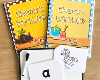 Summer Workbook Bundle for Preschool, Prek, Kindergarten, 1st & 2nd grade - Personalized morning workbooks -Letter Flashcards, Sticker Chart