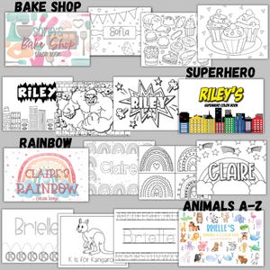 May include: A collection of children's coloring books with various themes. Titles include "Sofia's Bake Shop," "Riley's Superhero Color Book," "Claire's Rainbow," and "Animals A-Z." Each book features illustrations and the name of the book.