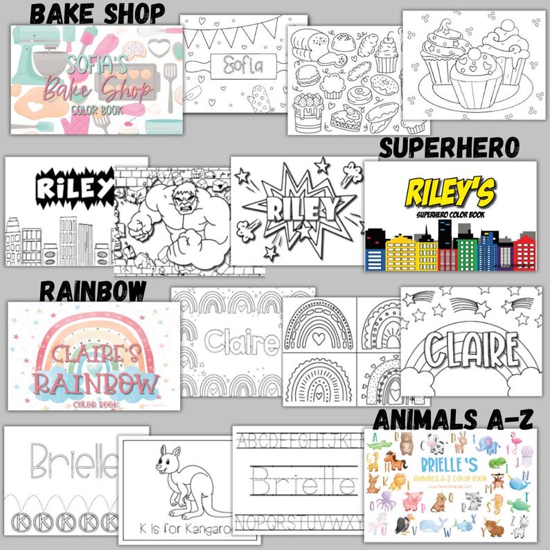 May include: A collection of children's coloring books with various themes. Titles include "Sofia's Bake Shop," "Riley's Superhero Color Book," "Claire's Rainbow," and "Animals A-Z." Each book features illustrations and the name of the book.