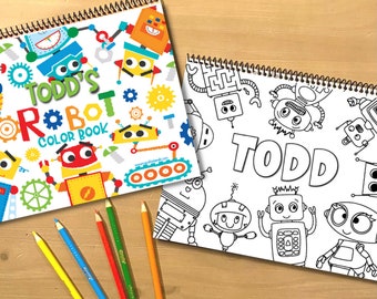 Personalized Robots Color Book, Boys & Girls gift Holidays and Birthdays, Coloring page for kids and toddlers, Travel art and craft activity