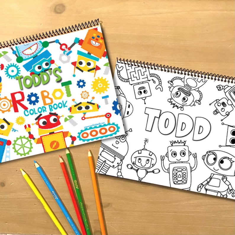 Personalized Robots Color Book, Boys & Girls gift Holidays and Birthdays, Coloring page for kids and toddlers, Travel art and craft activity image 1