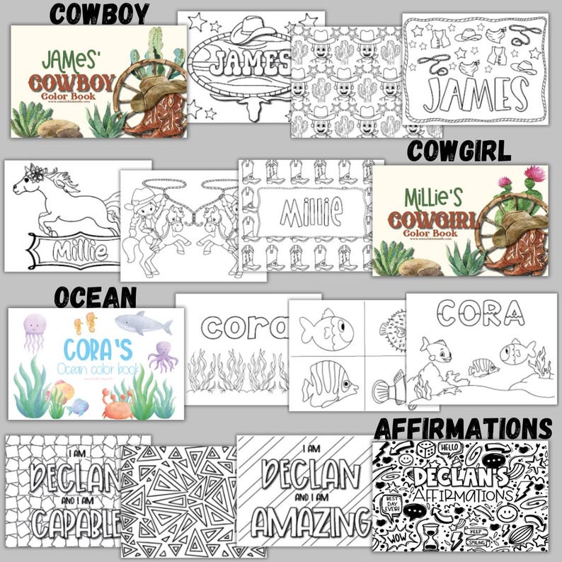 May include: A collection of personalized coloring books with themes including cowboys, cowgirls, ocean scenes, and affirmations. Each book features a name on the cover, with illustrations inside. The covers are in color, and the inside pages are black and white.