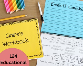 Large Personalized Pre-K Workbook with Laminated Name Tracing & Calendar Page - Preschool Activity Book - Shapes, Colors, Numbers, Letters