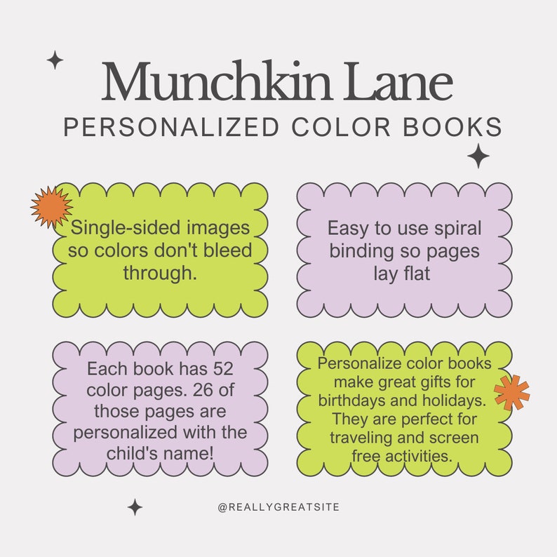以下が含まれることがあります： ピンク、グリーン、イエローのカラーリングで「Munchkin Lane パーソナライズドカラーブック」というテキストが書かれたグラフィック。グラフィックには、製品の特徴を説明するテキストが書かれた4つのカラフルな正方形があります。正方形のテキストは、「片面画像なので色がにじまない」、「使いやすく、ページが平らになるスパイラル製本」、「各本には52ページの塗り絵があります。そのうち26ページは子供の名前でパーソナライズされています！」、「誕生日や休日に最適なパーソナライズされた塗り絵。旅行や画面を使わないアクティビティに最適です。」です。