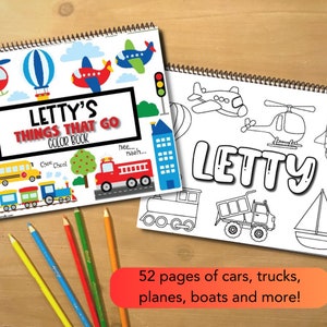 Personalized Kids Transportation Color Book - Children&#39;s Coloring Book w/ Cars, Trucks, Airplanes &  More, Christmas and Holiday Gifts
