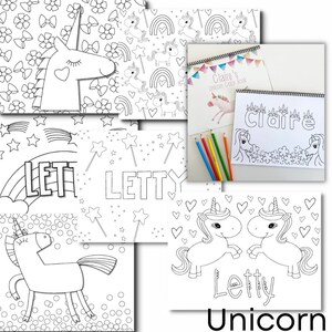 Example pages of the unicorn color book. Image are cute and playful unicorns in different setting and some image patterns. Images include unicorns, stars, hearts, rainbows, and flowers. Every other page is personalized with the child's name.