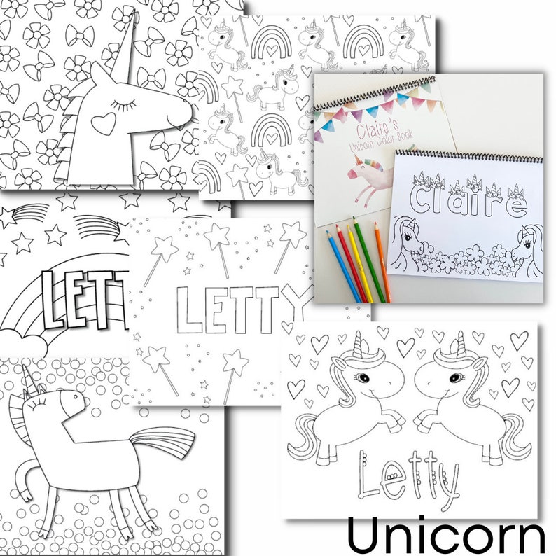 Example pages of the unicorn color book. Image are cute and playful unicorns in different setting and some image patterns. Images include unicorns, stars, hearts, rainbows, and flowers. Every other page is personalized with the child's name.