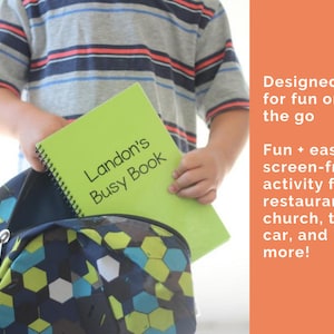 Image says designed for fun on the go. Fun and easy screen free activity for restaurants church the car and more. The image is a boy putting the book in his backpack. The book measures 8.5 by 5.5 inches and is vertical orientation.