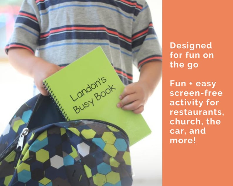 Image says designed for fun on the go. Fun and easy screen free activity for restaurants church the car and more. The image is a boy putting the book in his backpack. The book measures 8.5 by 5.5 inches and is vertical orientation.
