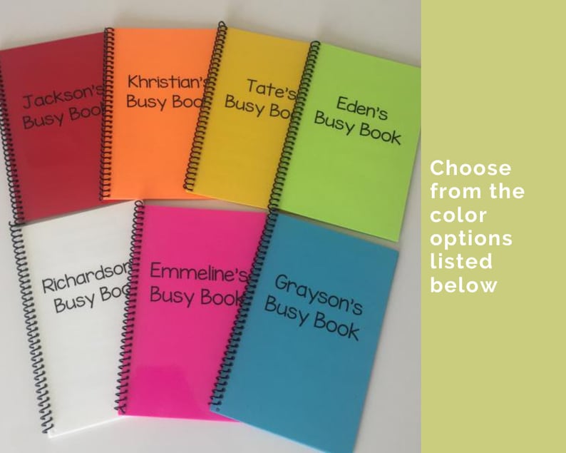 This is all the busy book color options laid out. The colors are red orange yellow green white pink and blue