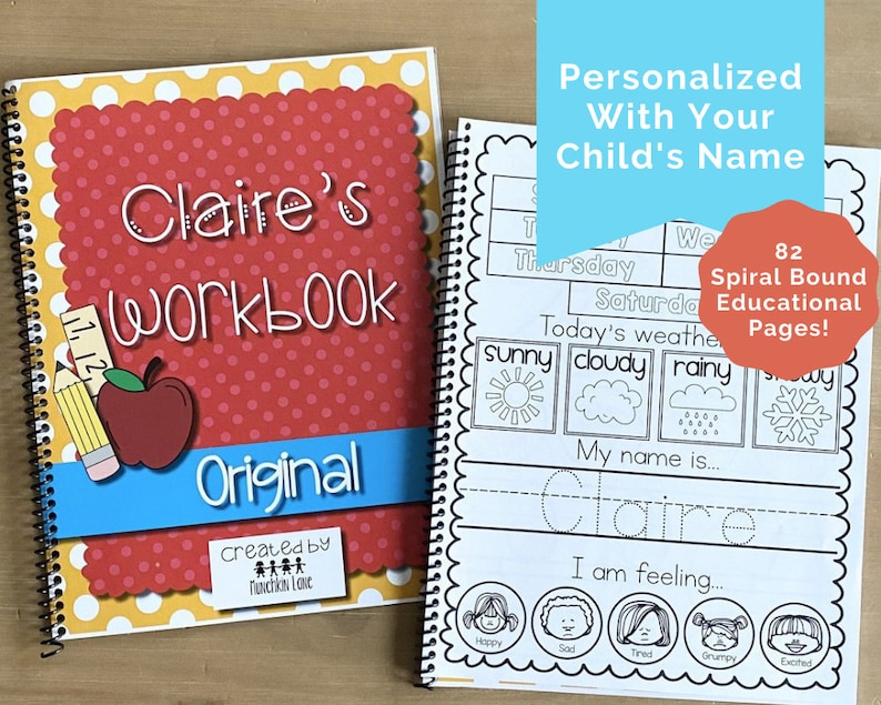 Personalized preschool workbook. 82 spiral bound educational pages. Personalized with your child's name.