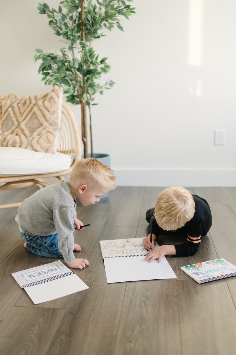 two toddler boys coloring some color books