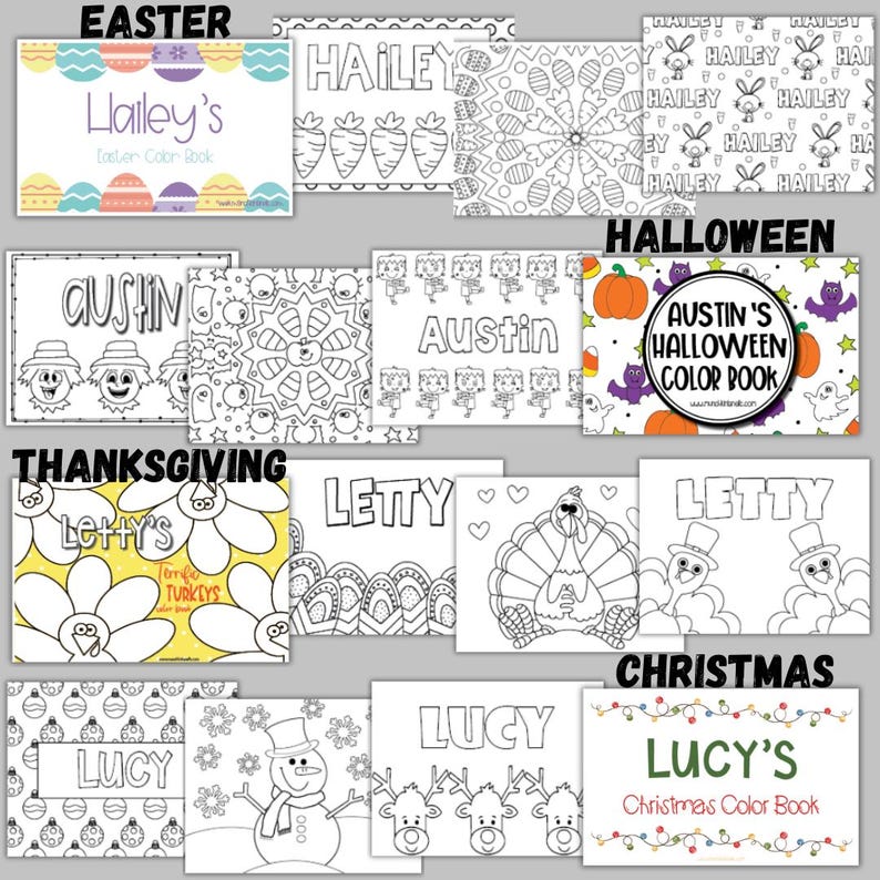 May include: A collection of personalized coloring books for various occasions, including Easter, Halloween, Thanksgiving, and Christmas. Each book features a name and themed illustrations, such as Easter eggs, pumpkins, turkeys, and reindeer.