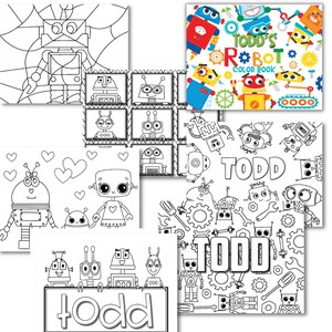 Personalized Robots Color Book, Boys & Girls gift Holidays and Birthdays, Coloring page for kids and toddlers, Travel art and craft activity image 2
