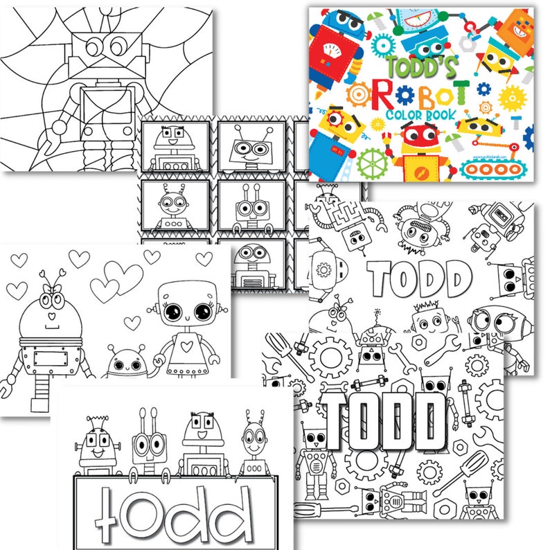 Personalized Robots Color Book, Boys & Girls gift Holidays and Birthdays, Coloring page for kids and toddlers, Travel art and craft activity image 2