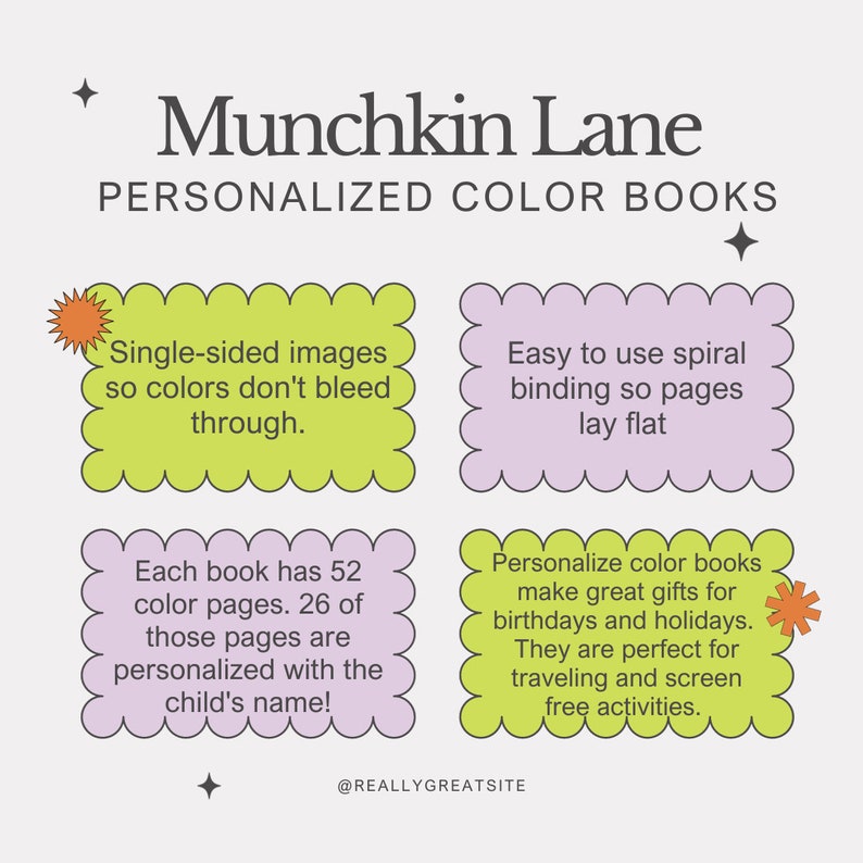 Munchkin Lane personalized color books. single sided images so colors don't bleed through. easy to use spiral binding so pages lay flat. Birthday and holiday gifts and travel. 52 pages.