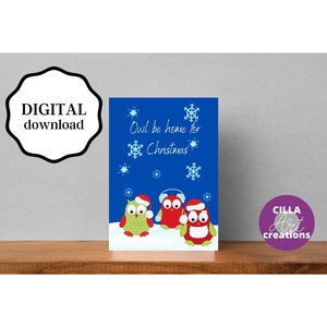 Cartoline di Natale stampabili, Cartoline di buone feste, Cartoline di auguri, Cartoline di Buon Natale Download istantaneo, Cartolina di Natale con gufo