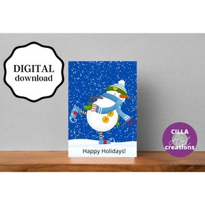 Biglietti di Natale stampabili, biglietto di buone feste, biglietti di auguri, download istantaneo di biglietti di Natale al Polo Nord, biglietto di Natale di pattinaggio con pupazzo di neve