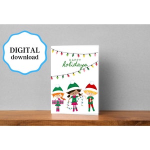 Tarjetas de Navidad imprimibles, Tarjeta de felices fiestas, Tarjetas de felices fiestas de elfos, Tarjetas de Navidad Descarga instantánea