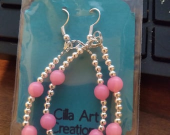 Acrylic Drop Earrings: Silver and Pink Beaded - Lightweight Fashion
