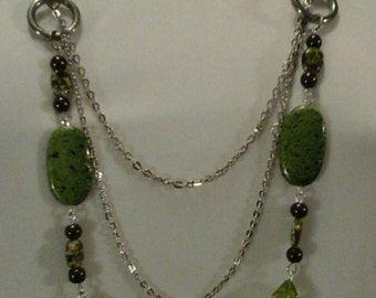 Long Beaded Necklace: Green Glass Pearls and Acrylic - Lightweight Style