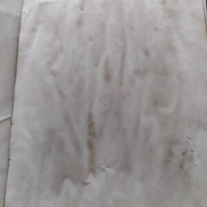 K&ouml;nnte beinhalten: Offenes Buch mit gealterten, cremefarbenen Seiten. Die Seiten haben ein fleckiges Aussehen mit dunkleren braunen Flecken und Punkten, was auf Alter oder eine Vintage-&Auml;sthetik hindeutet. Das Papier hat eine leicht strukturierte Oberfl&auml;che.