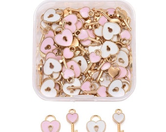 Alloy Enamel Charms, Heart Lock & Key, Pink and White, Mixed Color