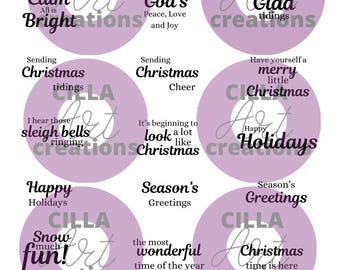 May include: A collection of circular designs with holiday-themed text in black and gray, set against a light purple background. Phrases like "Merry Christmas," "Happy Holidays," and "Season's Greetings" are featured.