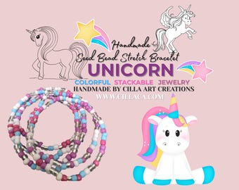 May include: Handmade seed bead stretch bracelets in shades of pink, blue, and white, with silver-colored beads. The image includes a cartoon unicorn and text that reads "UNICORN" and "COLORFUL STACKABLE JEWELRY".