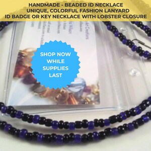 Seed Bead ID Lanyard Necklace - Black and Dark Blue Colors