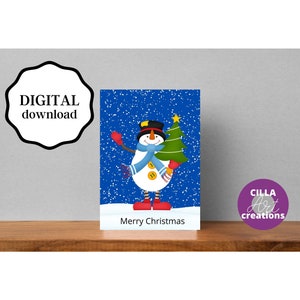 Cartoline di Natale stampabili, Cartoline di buone feste, Cartoline di auguri, Cartoline di Buon Natale Download istantaneo, Pupazzo di neve con albero Carta invernale