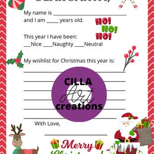 Puede incluir: Plantilla de carta a Papá Noel con borde rojo y blanco en zigzag. La carta incluye secciones para rellenar con el nombre, la edad y los deseos del niño. Elementos decorativos: bastones de caramelo, acebo y un reno.